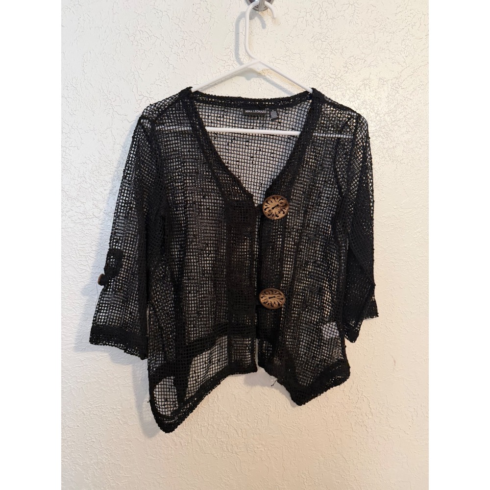 Nina Leonard Black Mesh Knit Cardigan Wooden Button V-Neck 3/4 Sleeve Small
